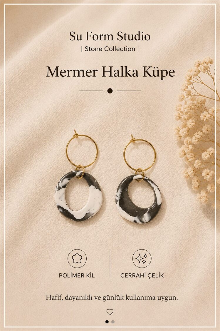 Mermer Halka Küpe — Siyah Beyaz