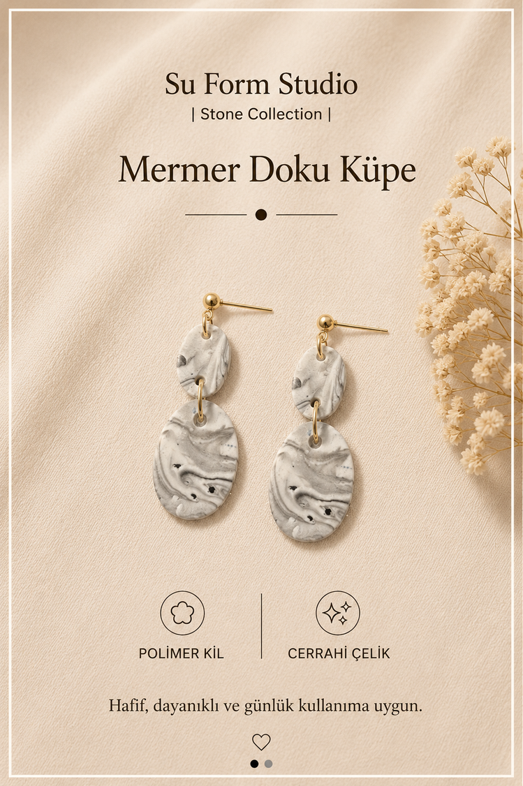 Mermer Doku Küpe - Siyah, Beyaz ve Gri