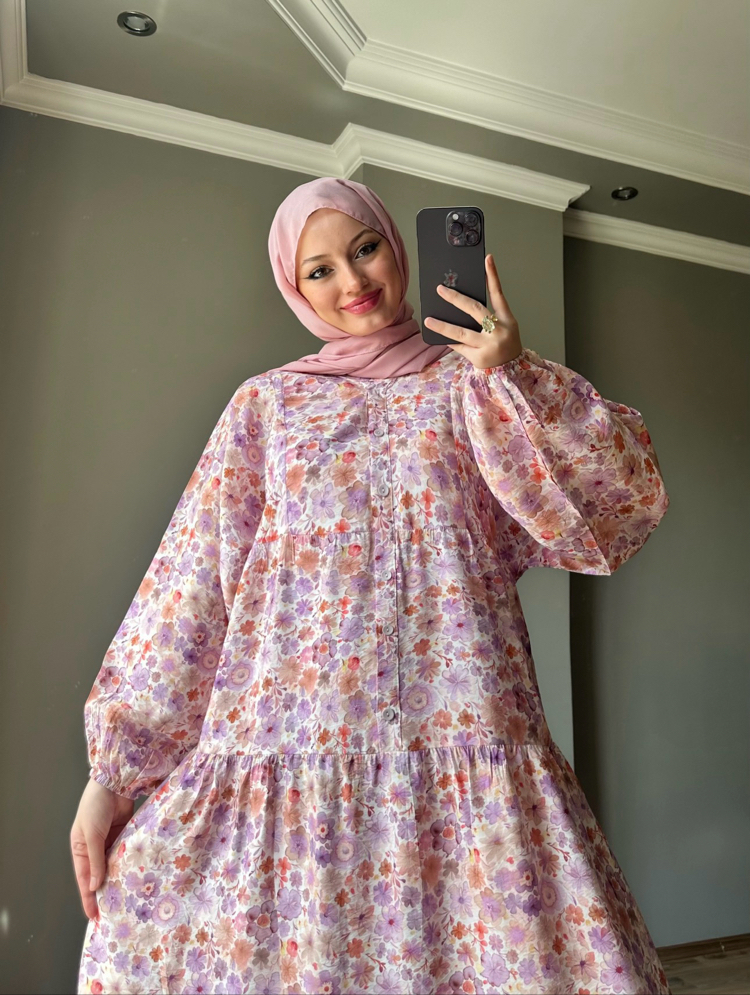 Lila Çiçek Rüyası Premium Elbise