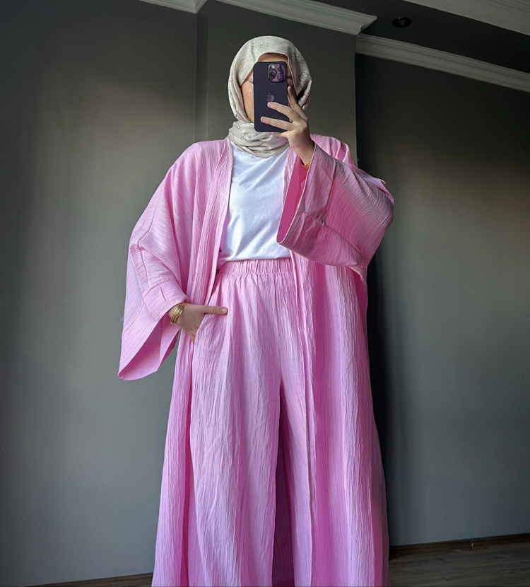 Uzun Kimono Takım Şeker Pembe