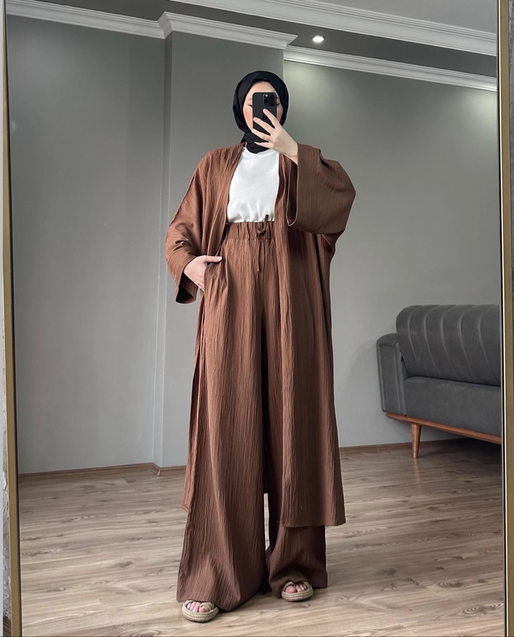 Uzun Kimono Takım Kahverengi