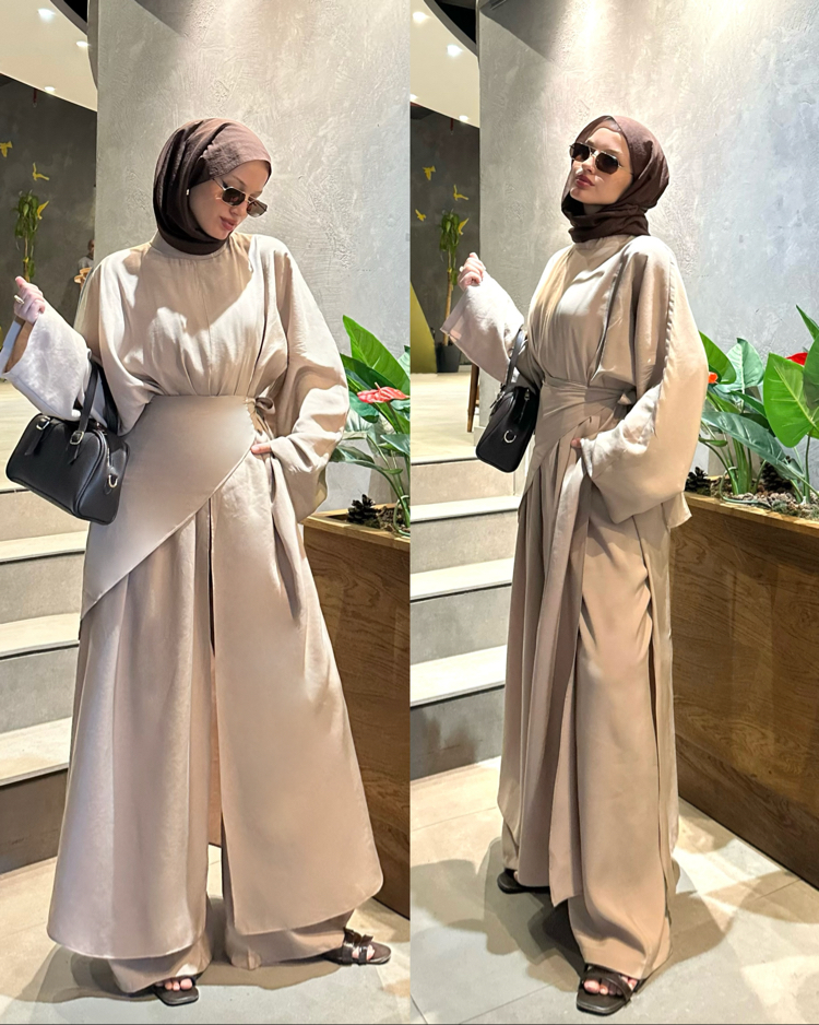 3 lü Yırtmaçlı Tunik Pantolon Bel/Omuz Şallı Vizon