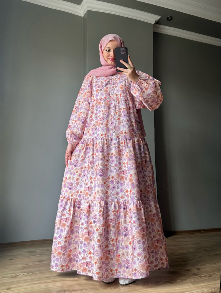 Lila Çiçek Rüyası Premium Elbise