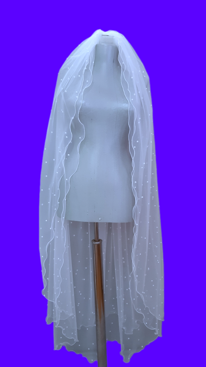 Beyaz Kenarı Misina ile Kıvrılmış İncili 1.50cm Boyunda Hayal Tül Duvak Suzanna Moda