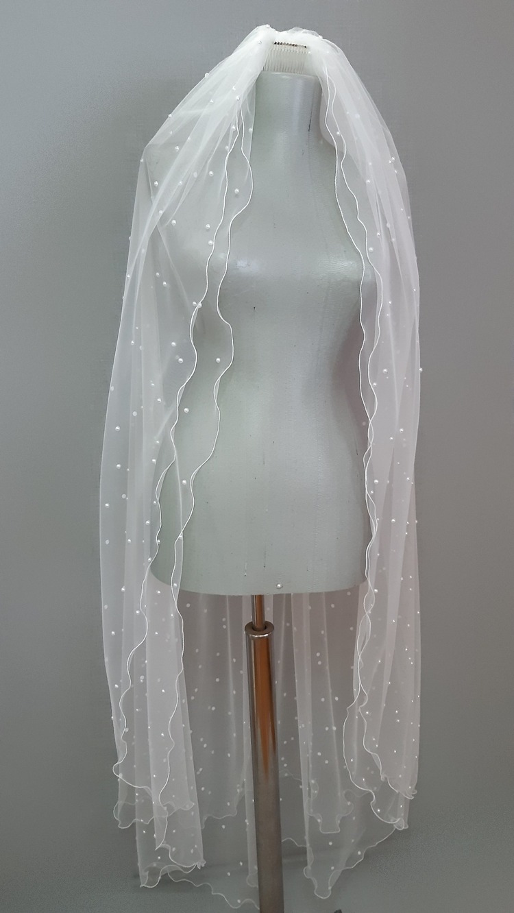 Beyaz Kenarı Misina ile Kıvrılmış İncili 1.50cm Boyunda Hayal Tül Duvak Suzanna Moda