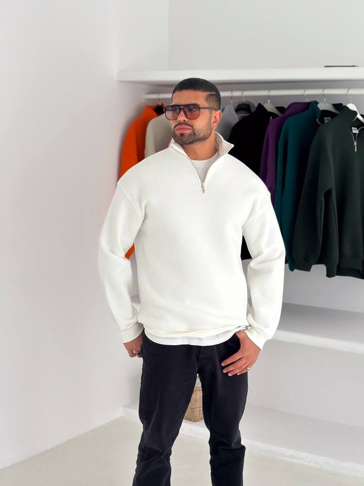 Half Zip Oversize Polo Yaka Beyaz Sweatshirt