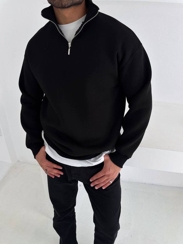 Half Zip Oversize Polo Yaka Siyah Sweatshirt