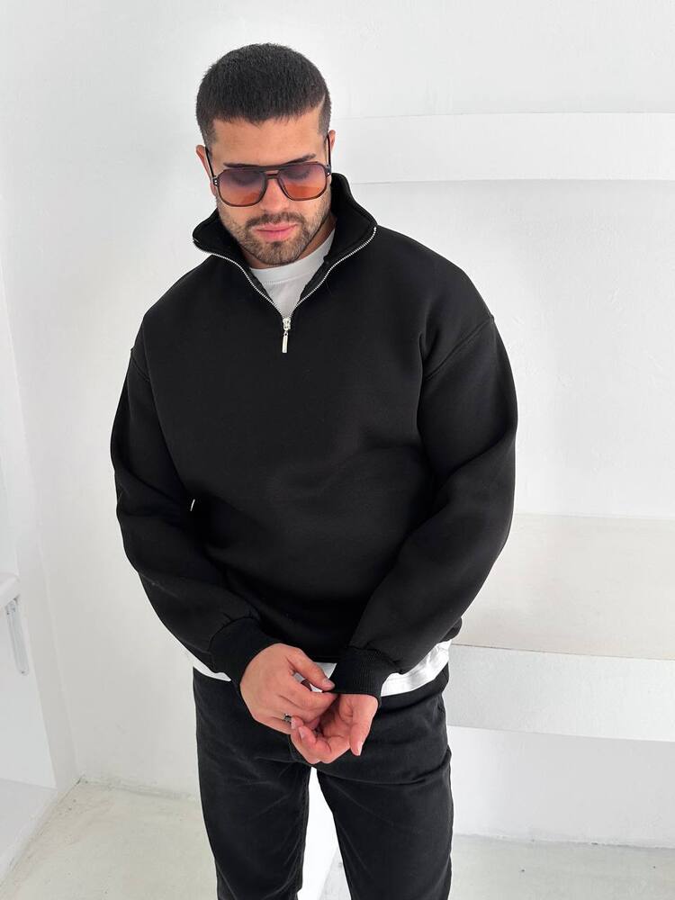 Half Zip Oversize Polo Yaka Siyah Sweatshirt