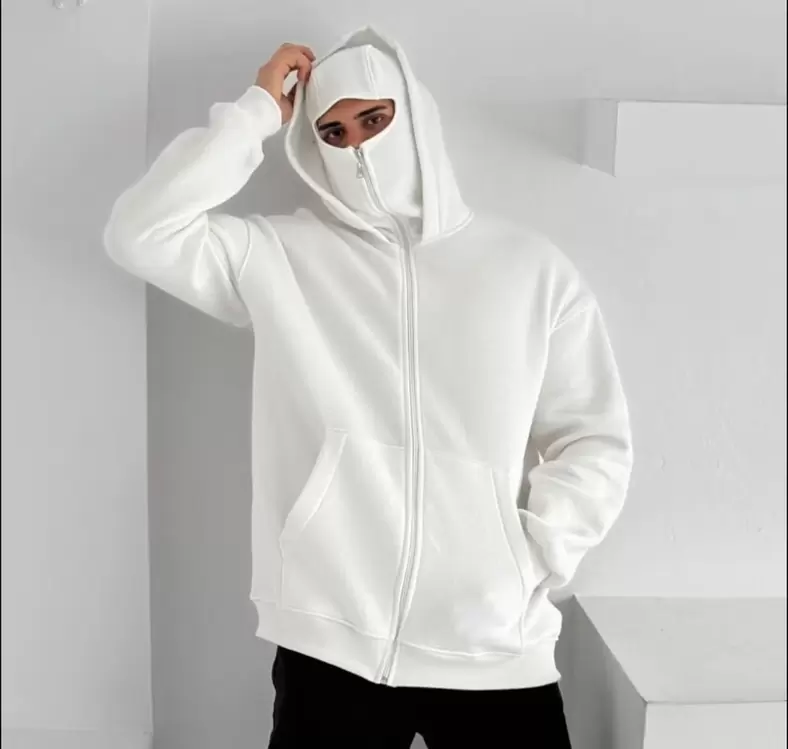 Oversize Fermuarlı Beyaz Ninja Unisex Hırka