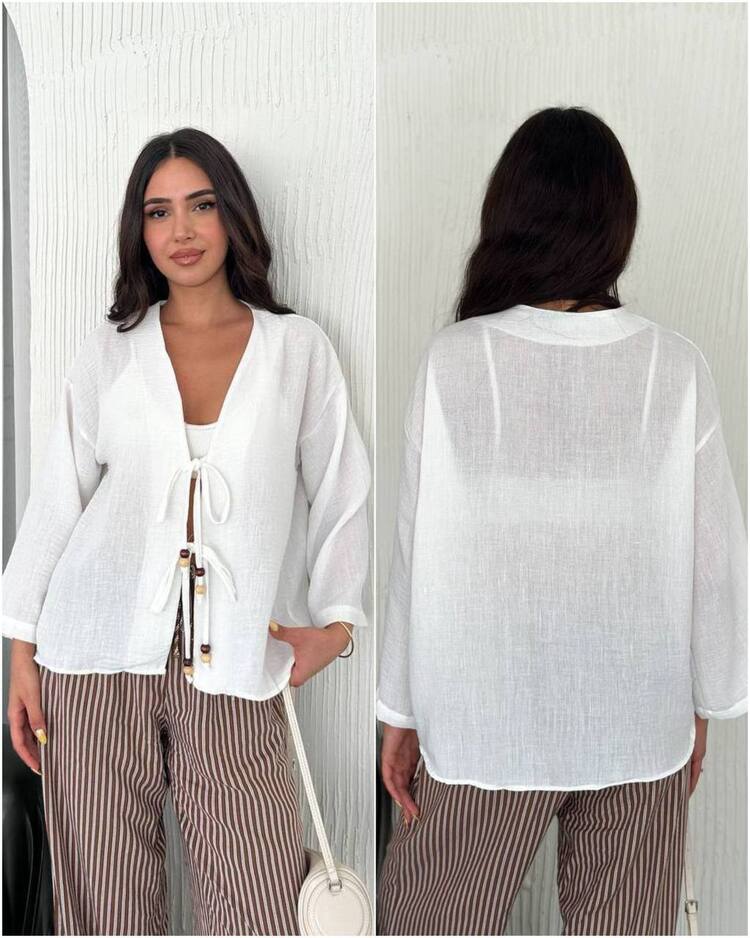 Beyaz Bağlamalı Kimono Ceket
