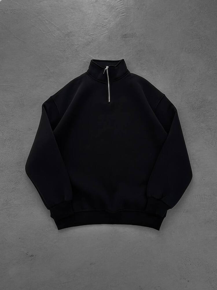 Half Zip Oversize Polo Yaka Siyah Sweatshirt