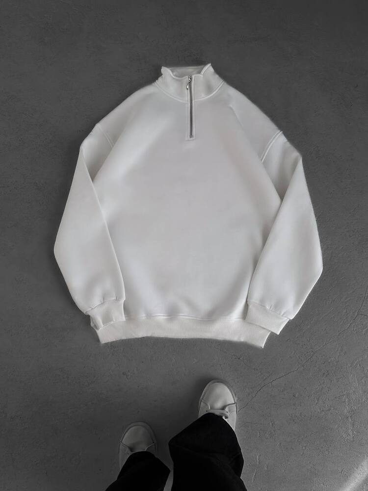 Half Zip Oversize Polo Yaka Beyaz Sweatshirt