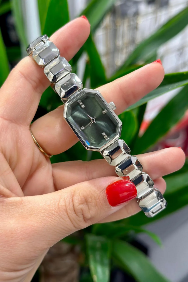 Swalora Crystal Garden Haki Saat Gümüş Metal Kordon