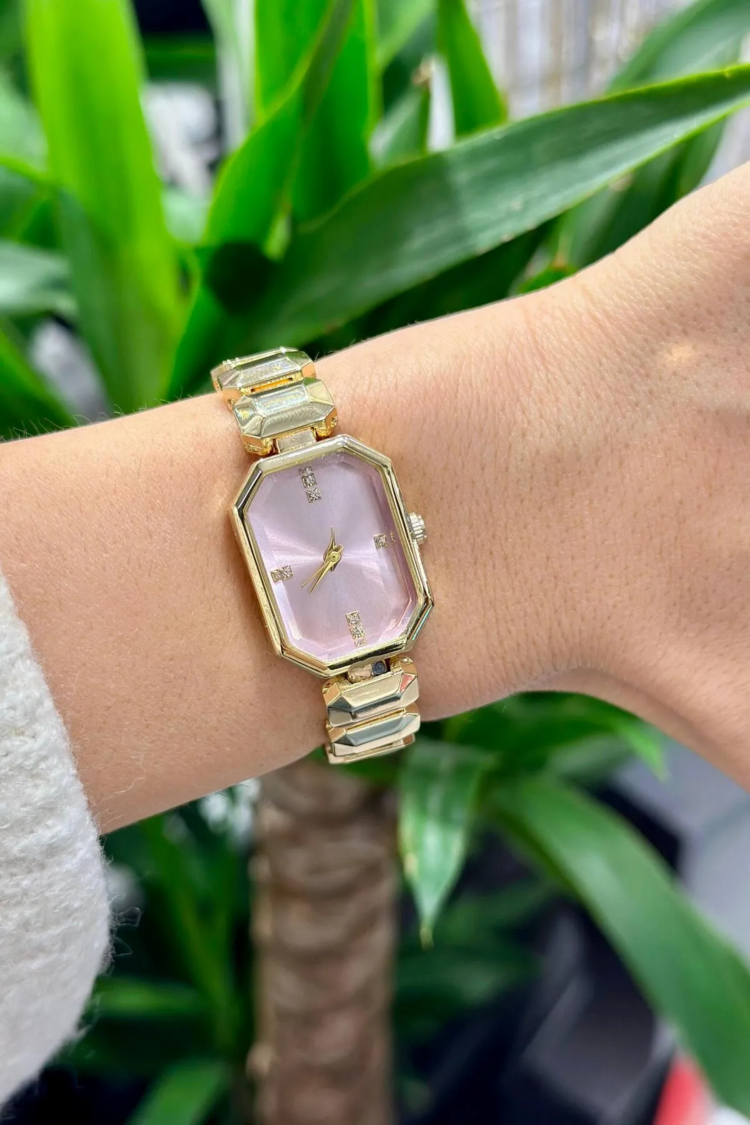 Swalora Crystal Garden Pembe Saat Sarı Metal Kordon