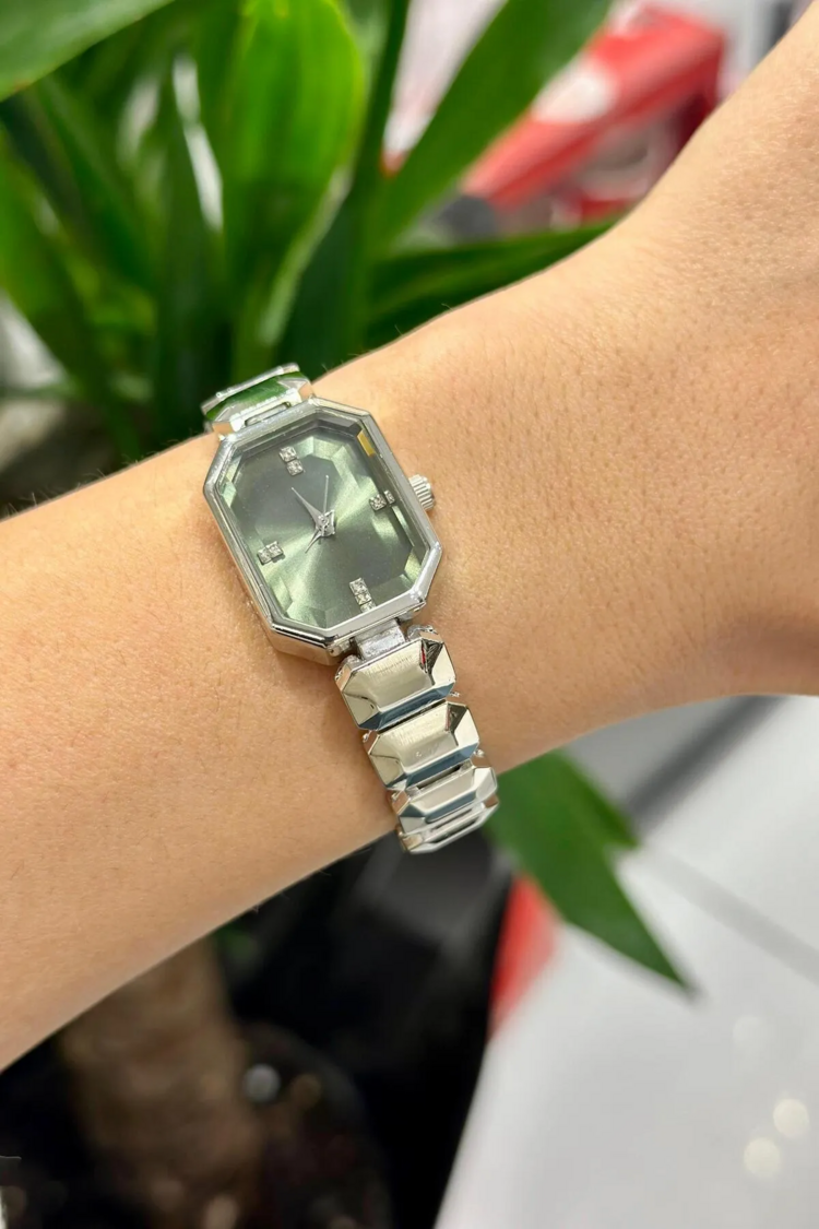 Swalora Crystal Garden Haki Saat Gümüş Metal Kordon