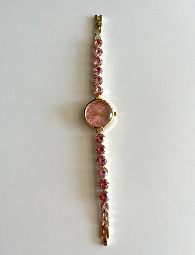 çelik pembe taşlı gold saat