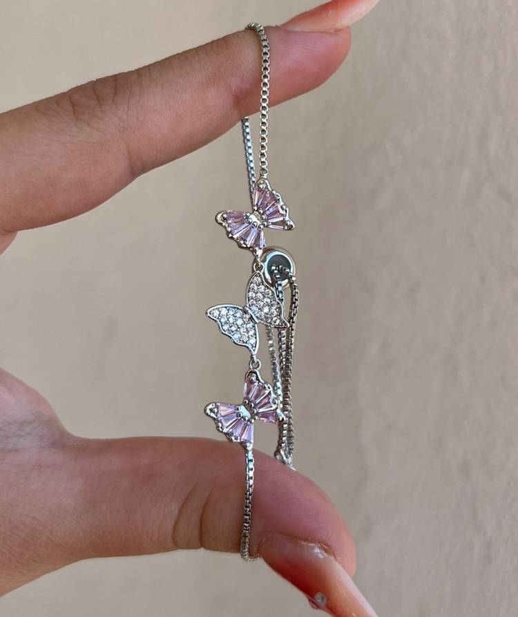 çelik pembe taşlı kelebek asansörlü bileklik