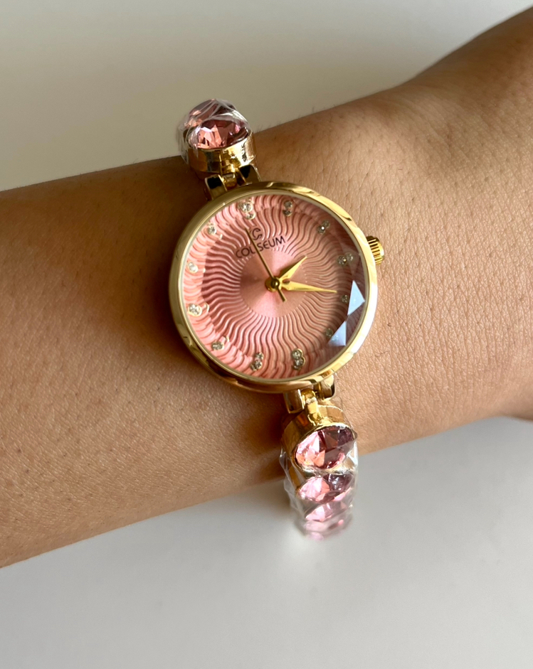 çelik pembe taşlı gold saat