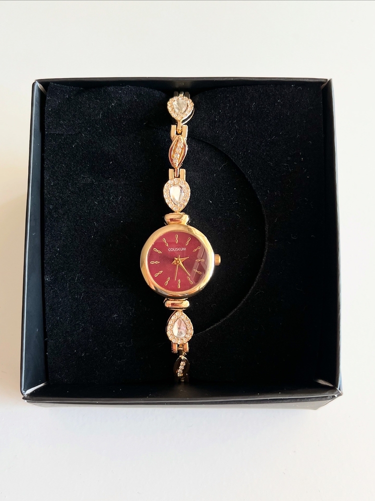 çelik içi bordo damla taşlı gold saat