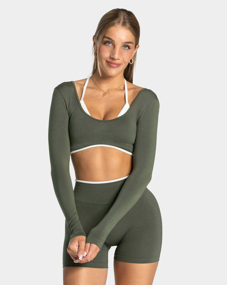 Teveo Zeytin Yeşili Uzun Kollu Crop Top - Beyaz Biyeli Seamless Tasarım