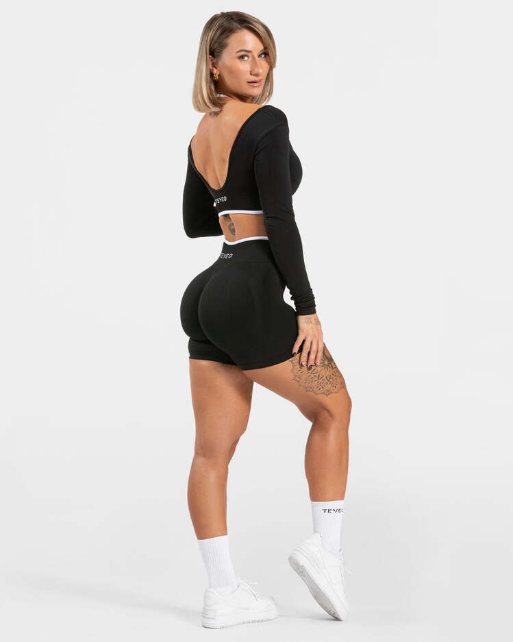 Teveo Siyah Kontrast Şeritli Uzun Kollu Crop Top - Sportif Şıklık