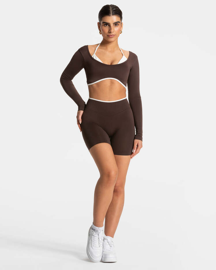 Teveo Kahverengi Uzun Kollu Seamless Crop - Kontrast Biyeli Stil
