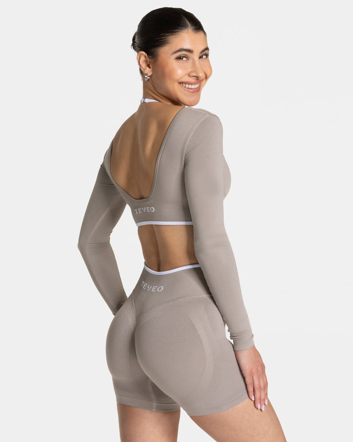 Teveo Grej Kontrast Şeritli Dikişsiz Uzun Kollu Crop Top
