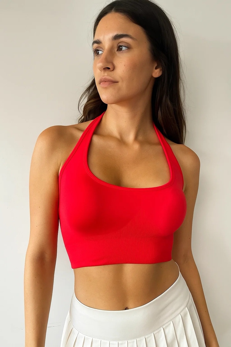 EXALTED Kadın Kırmızı Halter Yaka Spor Bra / Crop Top