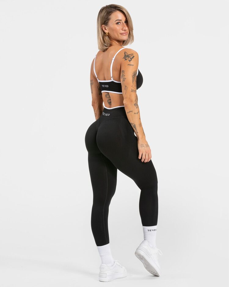 Teveo Siyah Kontrast Biyeli Seamless Spor Bra - Ayarlanabilir Askılı Şık Tasarım