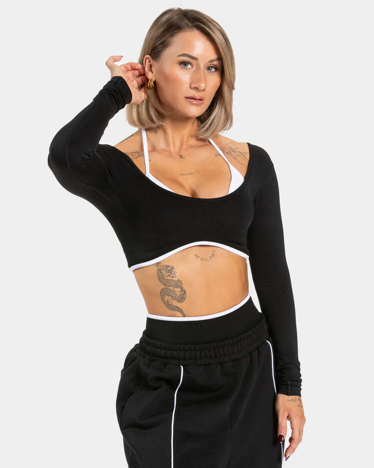 Teveo Siyah Kontrast Şeritli Uzun Kollu Crop Top - Sportif Şıklık
