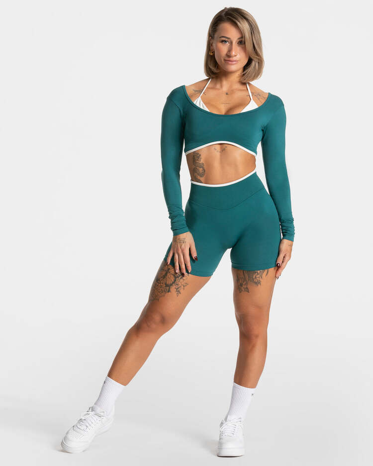 Teveo Petrol Mavisi Kontrast Biyeli Uzun Kollu Crop - Şık ve Sportif