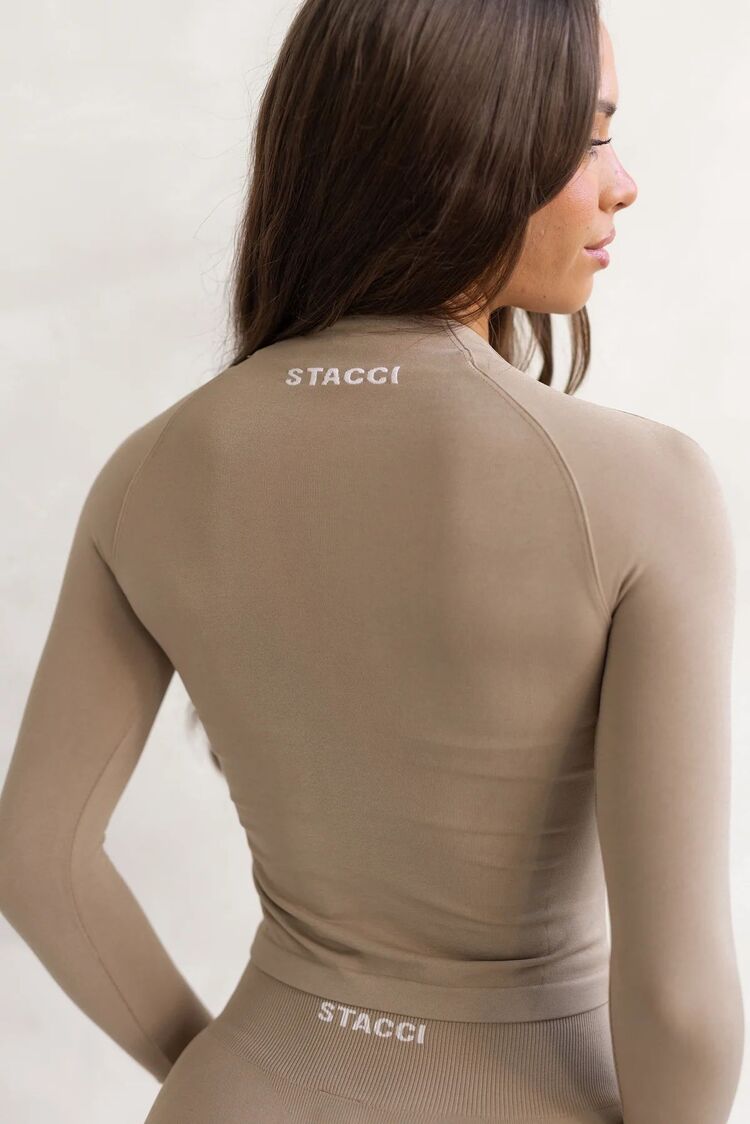 Stacci 2'li Seamless Spor Takım - Bej (Tayt ve Fermuarlı Crop Üst)
