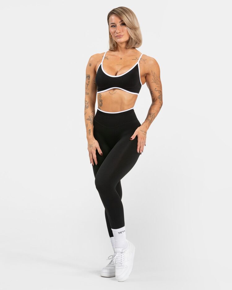 Teveo Siyah Kontrast Biyeli Seamless Spor Bra - Ayarlanabilir Askılı Şık Tasarım