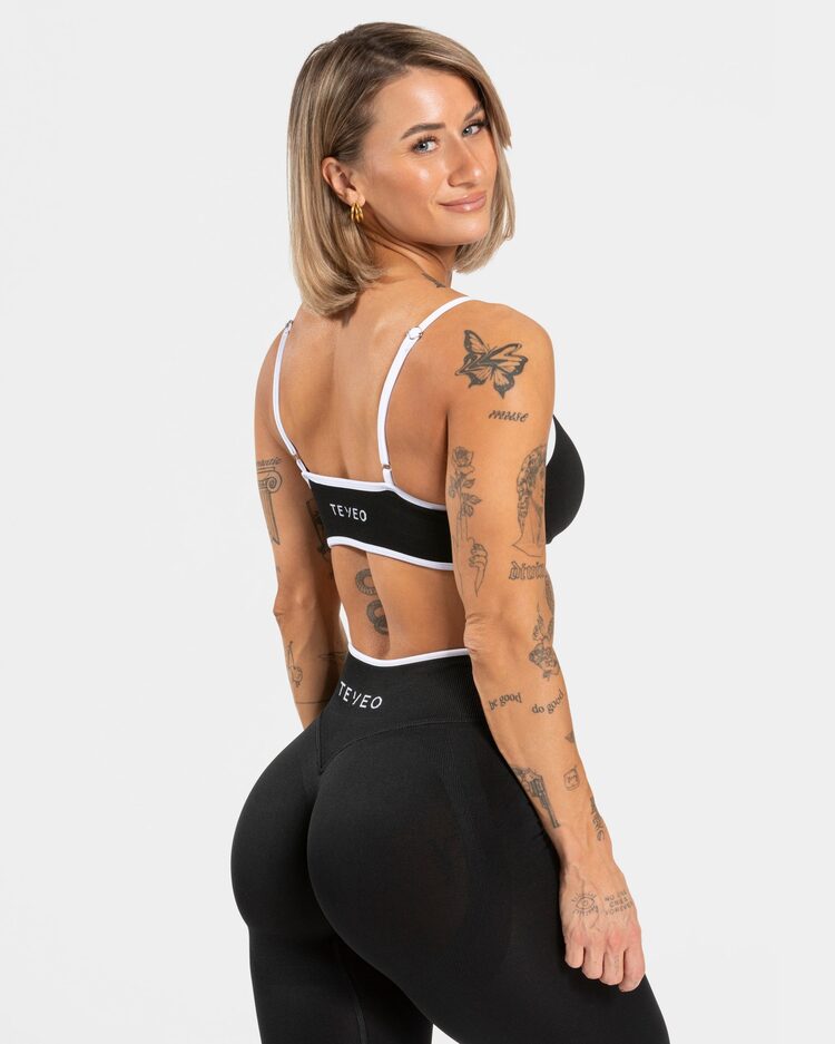 Teveo Siyah Kontrast Biyeli Seamless Spor Bra - Ayarlanabilir Askılı Şık Tasarım