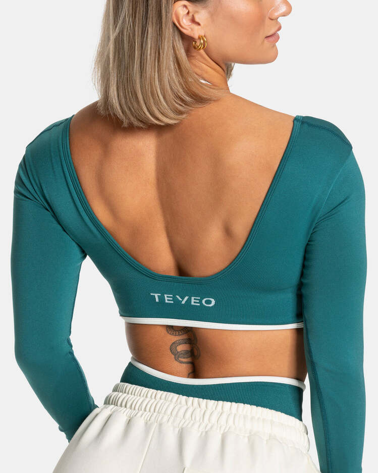 Teveo Petrol Mavisi Kontrast Biyeli Uzun Kollu Crop - Şık ve Sportif