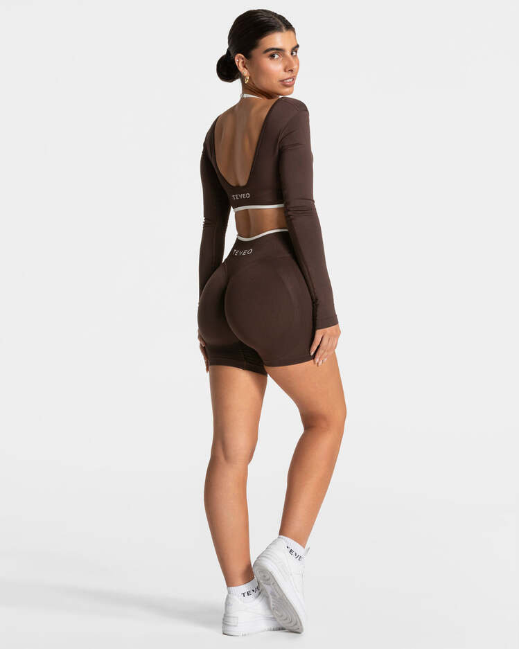 Teveo Kahverengi Uzun Kollu Seamless Crop - Kontrast Biyeli Stil
