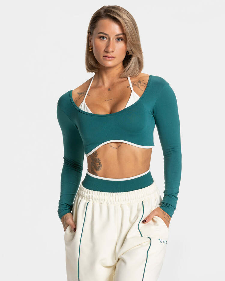 Teveo Petrol Mavisi Kontrast Biyeli Uzun Kollu Crop - Şık ve Sportif