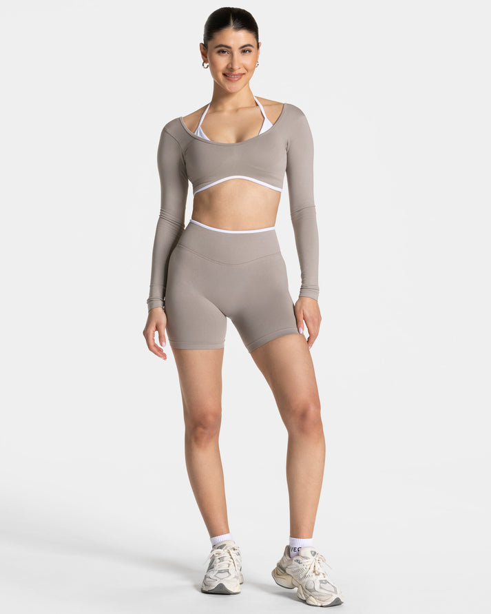 Teveo Grej Kontrast Şeritli Dikişsiz Uzun Kollu Crop Top