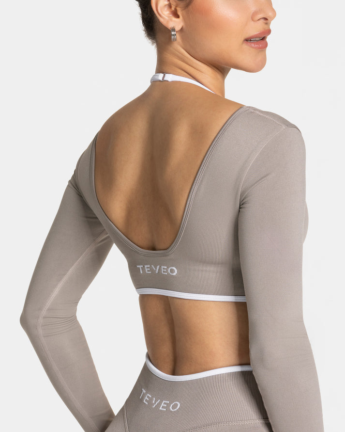 Teveo Grej Kontrast Şeritli Dikişsiz Uzun Kollu Crop Top