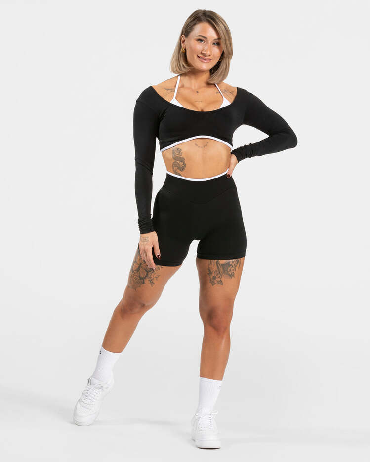 Teveo Siyah Kontrast Şeritli Uzun Kollu Crop Top - Sportif Şıklık