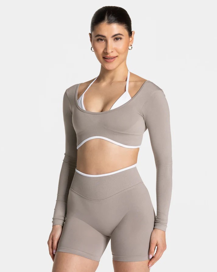 Teveo Grej Kontrast Şeritli Dikişsiz Uzun Kollu Crop Top