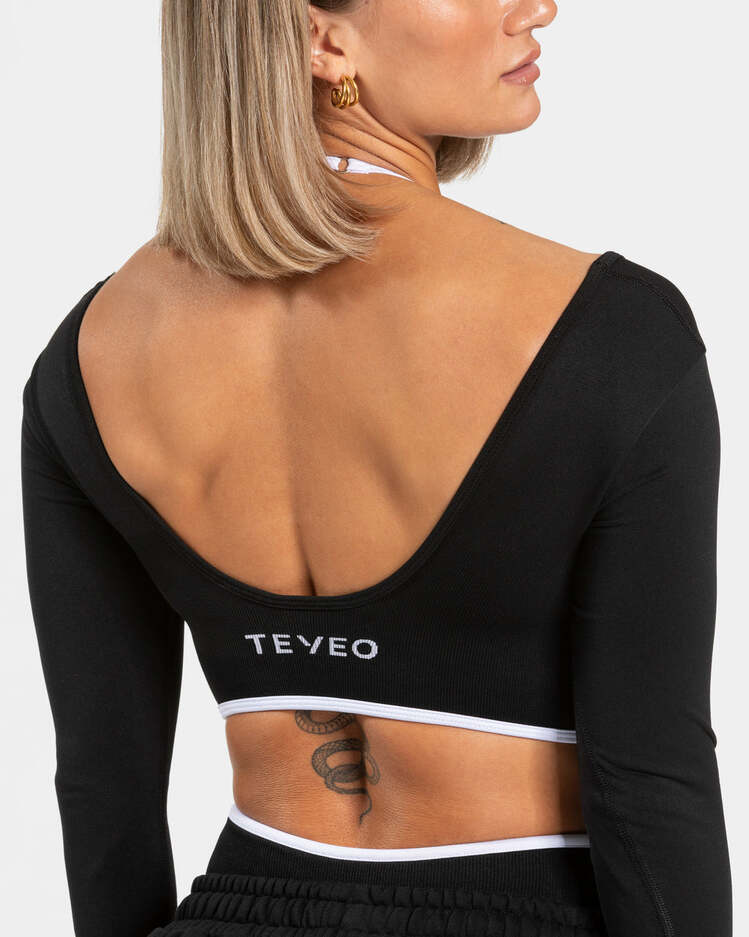 Teveo Siyah Kontrast Şeritli Uzun Kollu Crop Top - Sportif Şıklık
