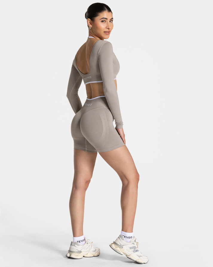 Teveo Grej Kontrast Şeritli Dikişsiz Uzun Kollu Crop Top