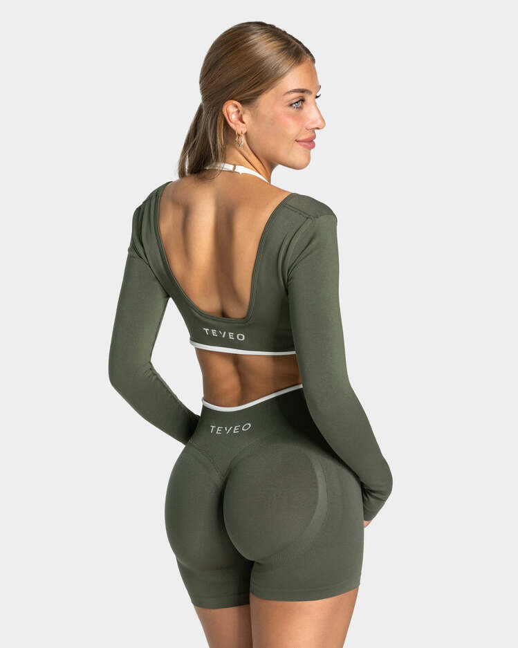 Teveo Zeytin Yeşili Uzun Kollu Crop Top - Beyaz Biyeli Seamless Tasarım