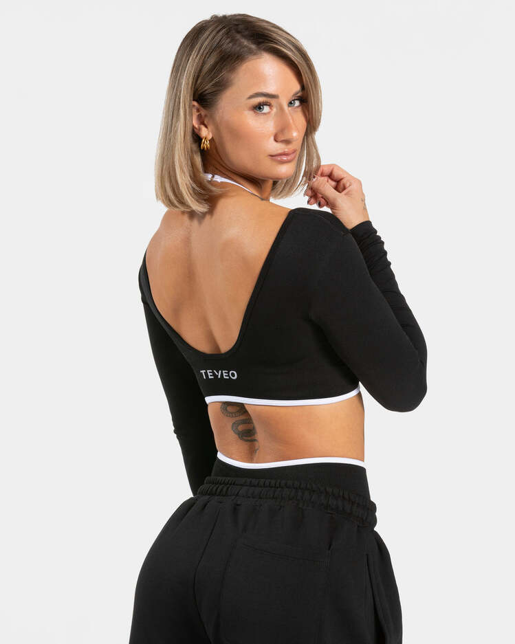 Teveo Siyah Kontrast Şeritli Uzun Kollu Crop Top - Sportif Şıklık