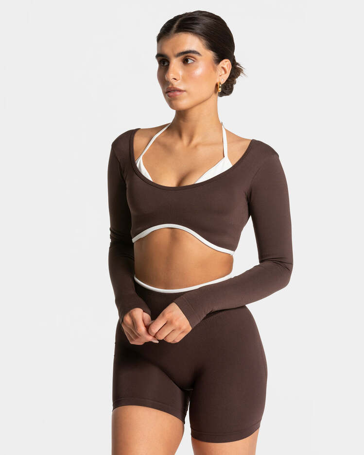 Teveo Kahverengi Uzun Kollu Seamless Crop - Kontrast Biyeli Stil