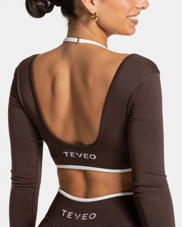 Teveo Kahverengi Uzun Kollu Seamless Crop - Kontrast Biyeli Stil