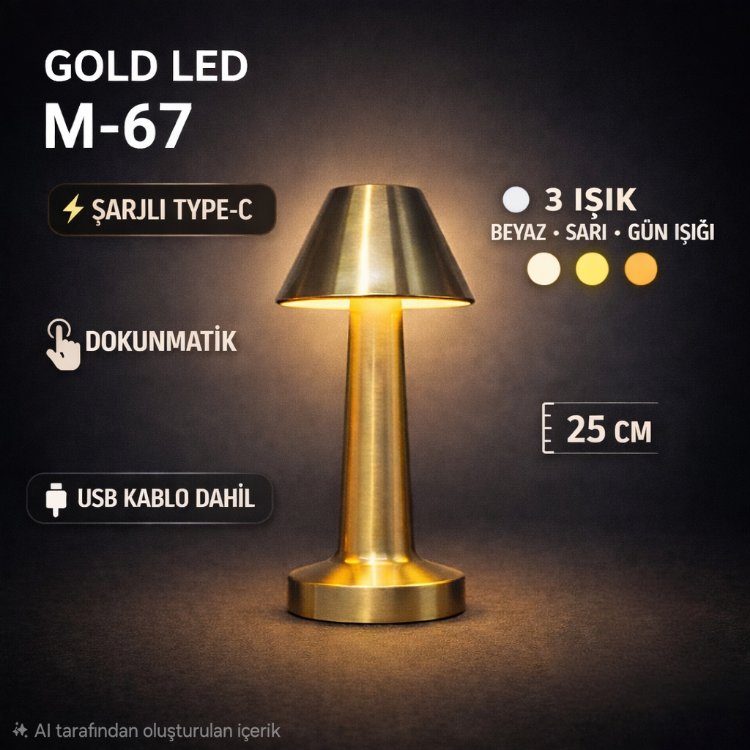 Şarjlı Dokunmatik Gold Masa Lambası M-67 – 3 Işık Modlu Abajur Model