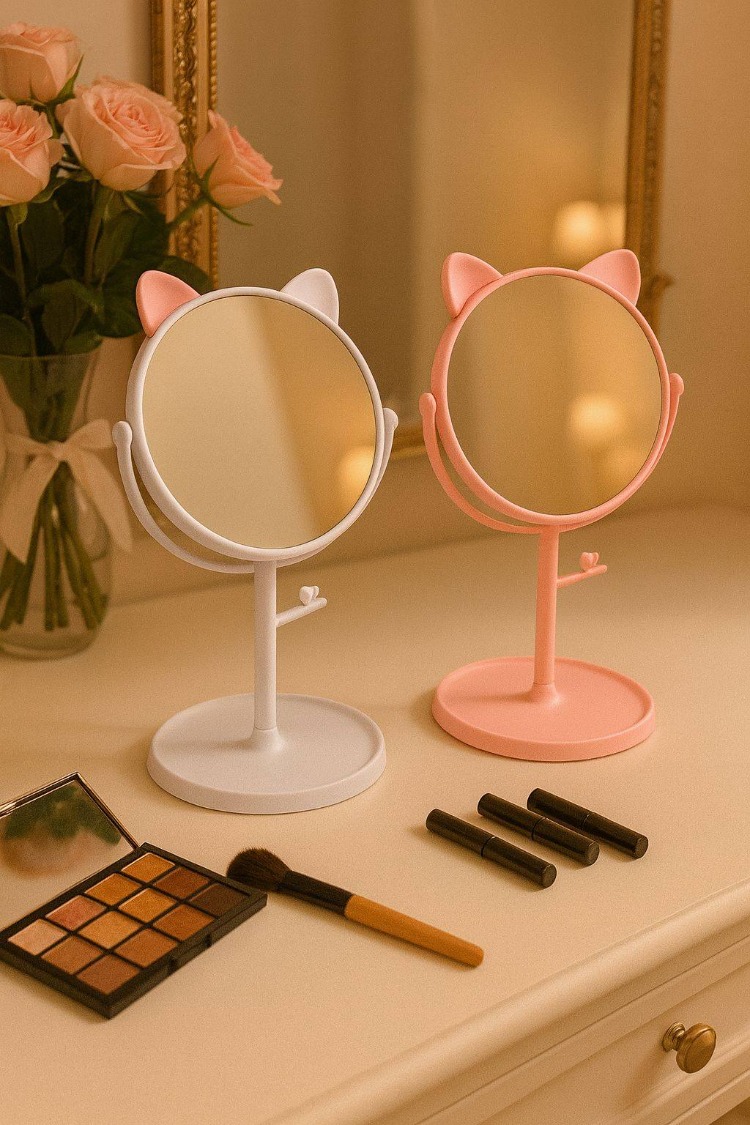 Pembe – Beyaz Kedi Kulaklı Make-Up Aynası | Masaüstü | Şık ve Kullanışlı