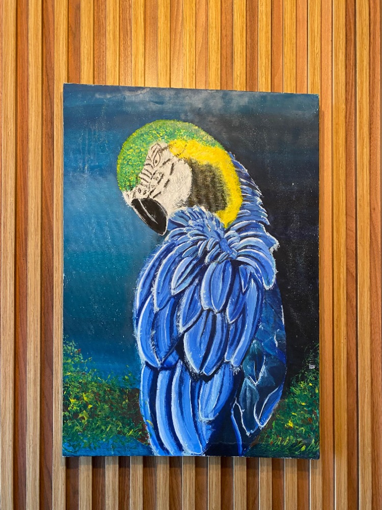 “Mavi Asalet” – 35x50 El Yapımı Akrilik Papağan Tablosu